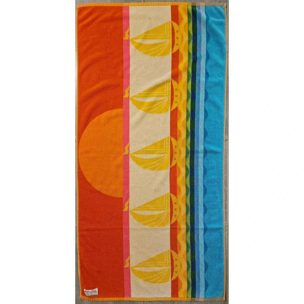 Vintage Seven Seas Nautical Sailboat Beach Towel Orange Yellow Blue 53x27 Brazil